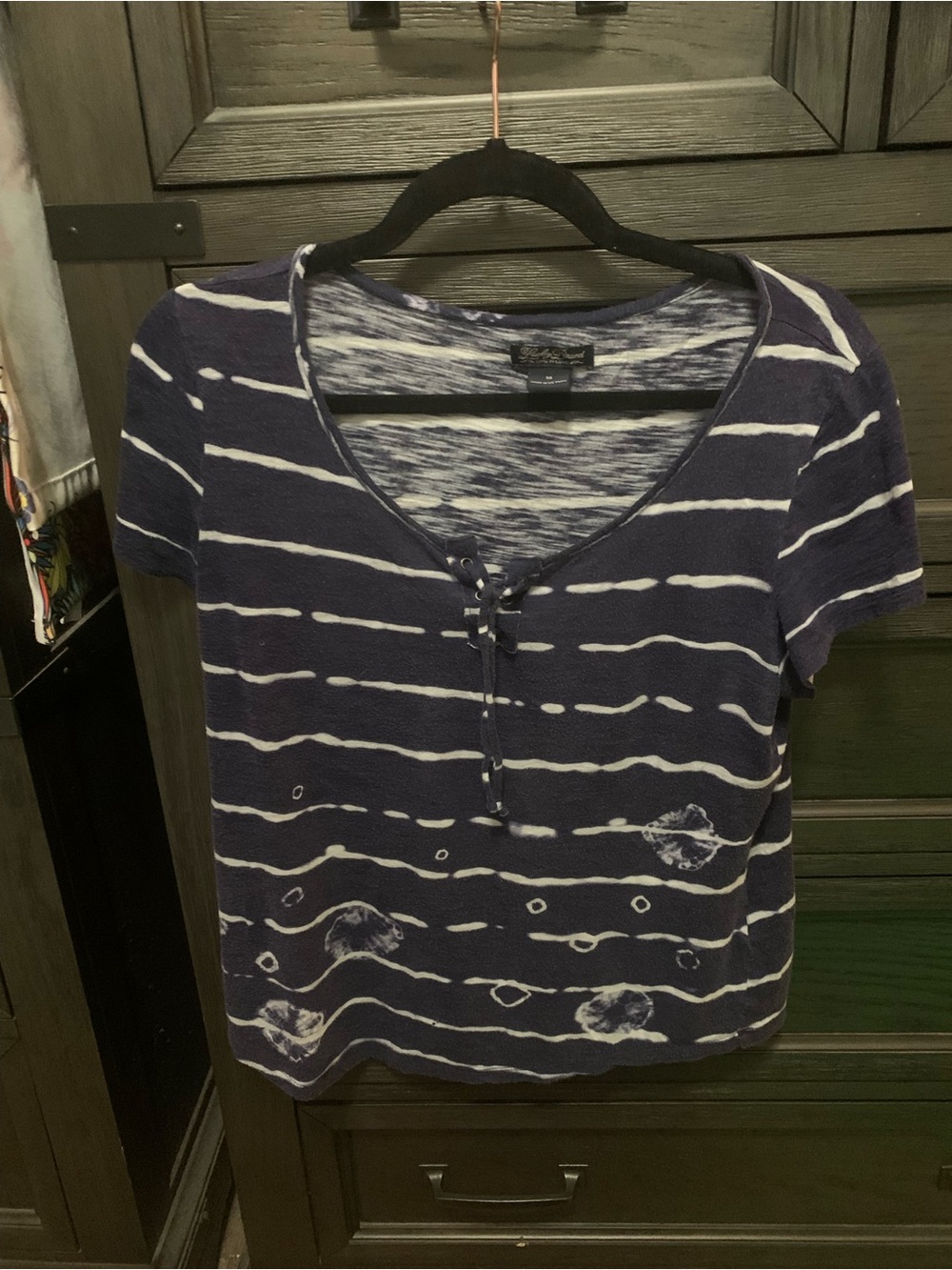 Lucky Brand Navy and White Striped Tie-Front Short Sleeve Top